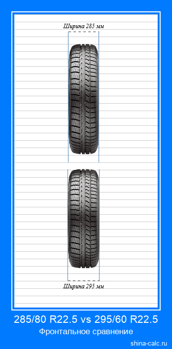 285/80 R22.5 vs 295/60 R22.5 фронтальное сравнение автомобильных шин в сантиметрах