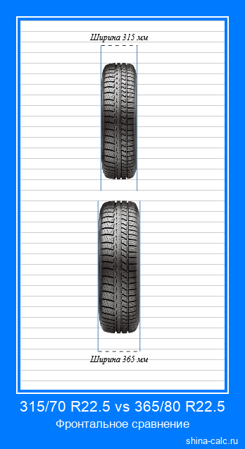 315/70 R22.5 vs 365/80 R22.5 фронтальное сравнение автомобильных шин в сантиметрах