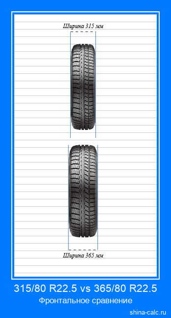 315/80 R22.5 vs 365/80 R22.5 фронтальное сравнение автомобильных шин в сантиметрах